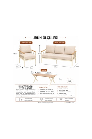 Miray Krem Metal 311 Masalı Cappuccino Balkon Bahçe Oturma Grubu Minderli Metal Bahçe Mobilyası Takımı