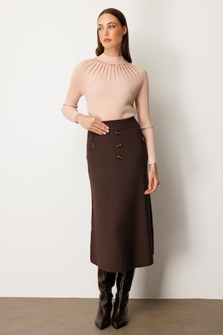 On Kadın Düğmeli Triko Etek 65207 Kahverengi Kahverengi