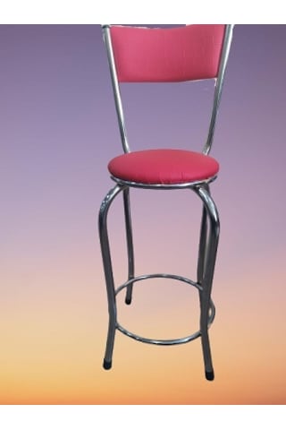 Sandalye Bar Tipi Yüksek Pembe Fuşya 1ad Metal Çelik Nikelaj Suni Deri Döşeme Fuşya