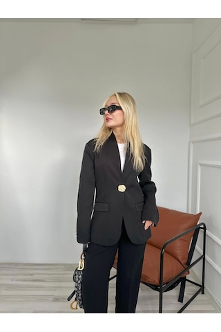 Kadın Gold Düğmeli Hakim Yaka Blazer Ceket Siyah Siyah