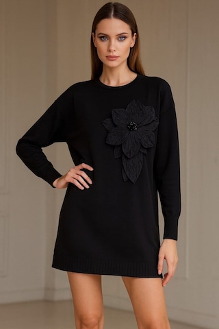 Onno Style Women Triko Büyük Güllü Tunik Kazak Siyah