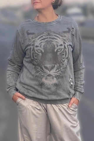 Kadın Gri Kaplan Desenli Sweat Gri