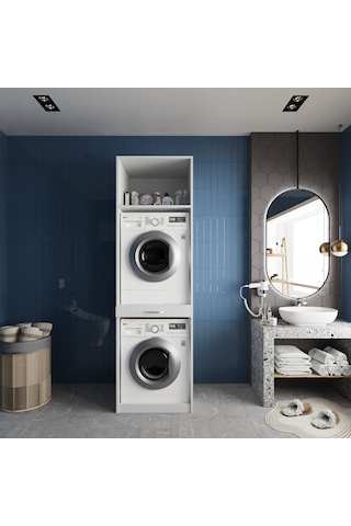Piramit Çamaşır Ve Kurutma Makinesi Dolabı Banyo Dolabı Beyaz Beyaz