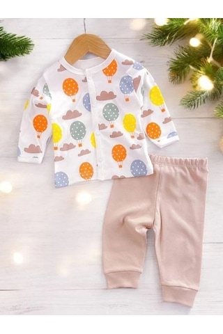 Bebek Uçan Balonlu Bulutlu Pamuklu Alt Üst Takım-15134 Vizon