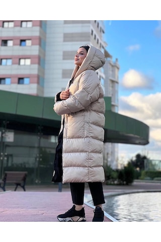 Oversize Uzun Şişme Mont Krem