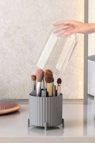Maxi Home Zebra Makyaj Organizer Kapaklı Masaüstü Kozmetik Düzenleyici Gri