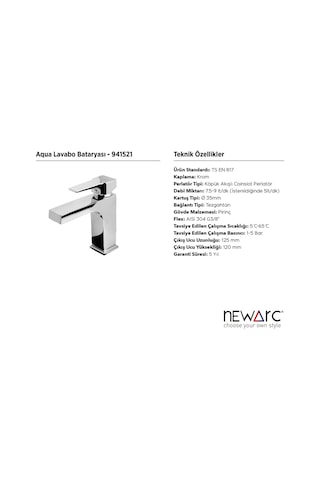 Newarc 941521 Aqua Lavabo Bataryası Krom Gümüş