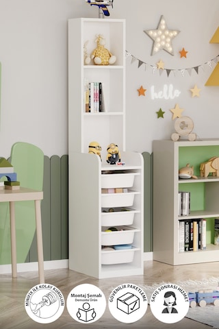 Bofigo 5 Sepetli 3 Raflı Dolap Çok Amaçlı Dolap Oyuncak Dolabı Derya Beyaz Beyaz