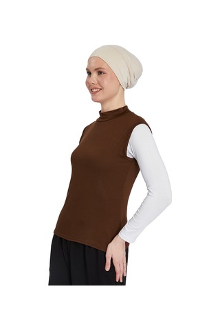 Organik Kolsuz Balıkçı Yaka Likralı Kadın Sıfır Kol Body Çikolata