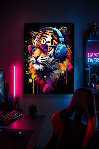 Gaming Kaplan Metal Duvar Tablosu Kulaklıklı Gözlüklü Gamer Oda Dekoru 30x40 Cm A3 Boyutunda