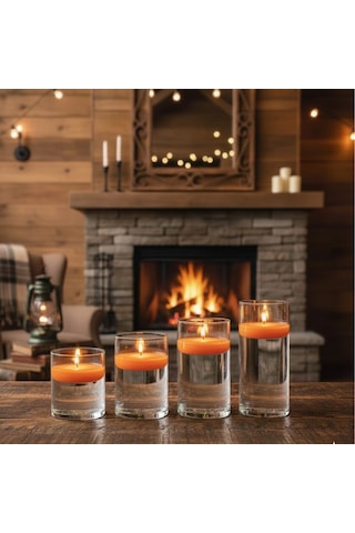 4 Lü Vazo + 12 Adet Çap 5 Cm Turuncu Yüzen Mum Turuncu