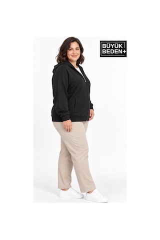 Süperlife Kadın Büyük Beden Fermuarlı Kapüşonlu Cepli Sweatshirt Hırka Rahat Kalıp Spr26bhrk961 Siyah