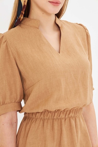 Armonika Kadın Camel V Yaka Beli Lastikli Kısa Kollu Kloş Elbise Arm-25y001001