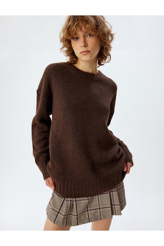 Koton Basic Triko Tunik Bisiklet Yaka Uzun Kollu Kahverengi 5wal60002ıt