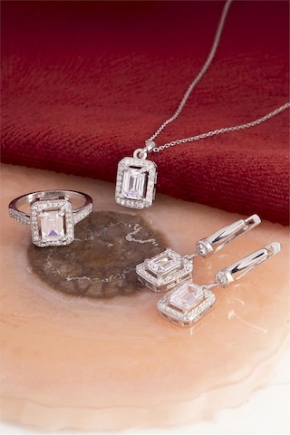 925 Ayar Gümüş Rodyumlu Baget Taşlı Bayan Takı Seti