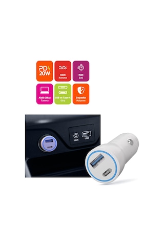 Polosmart Psm133 20w Pd Hızlı Araç Şarj Cihazı Type-c + Usb Çıkış Çift Port Akıllı Şarj Beyaz