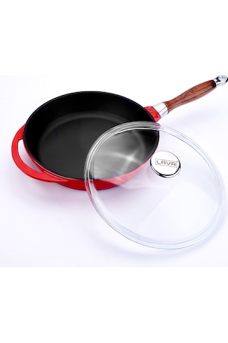 Lava Döküm Kızartma Tavası Ahşap Kulplu Cam Kapaklı Siyah 28cm