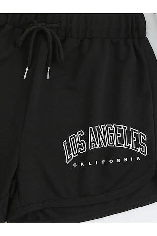 Siyah Los Angeles Bermuda Penye Şort - Kordonlu Baskılı Siyah