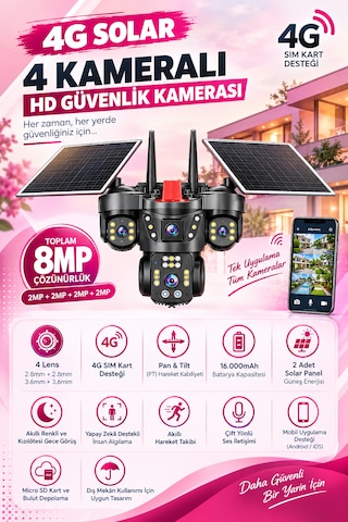 Linadex Lx-4480 4g Solar 4 Kameralı Hd Güvenlik Kamerası-çift Solar