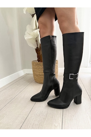 Asmi Shoes Kadın Lamor Yandan Fermuarlı Diz Altı Çizme Siyah Cilt Siyah
