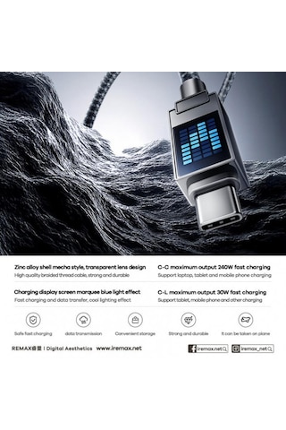 Remax Cb01 Pd65w Tip-c Tip-c Alüminyum Alaşımlı Örgülü Hızlı Şarj Veri Kablosu Led Işıklı, Uzunluk: 1.2m Siyah