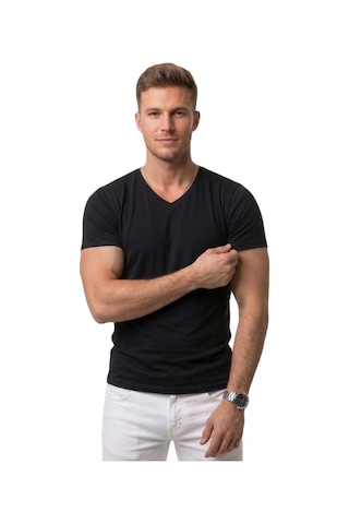 Deepsea Siyah V Yaka Slim Fit Erkek Tişört 1801165 Siyah