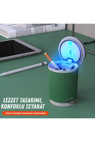 Üniversal Kahve Bardağı Görünümlü Led Işıklı Yanmaz Koku Geçirmez Oto Küllük Dumansız Sızdırmaz Kapaklı Araç İçi Küllük Araba Küllüğü Yeşil Beyaz