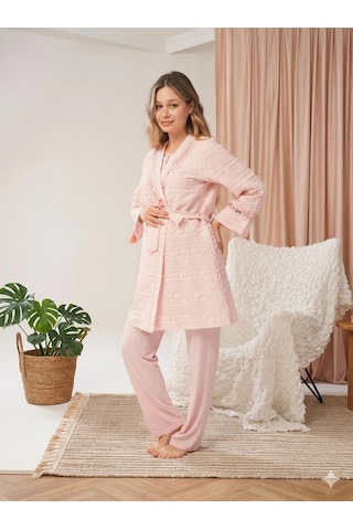 Kocabey Bone 5806 Kadın 3'lü Sabahlıklı Lohusa Pijama Takımı Pudra