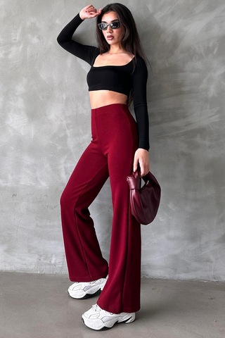 Bordo Yüksek Bel Düz Model Kadın İspanyol Paça Tayt Pantolon Mg2288 Bordo