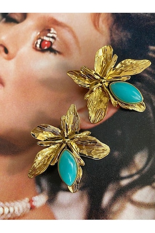 Pinery Jewels Firuze Taşlı Yaprak Paslanmaz Çelik Kadın Küpe Çifti Altın