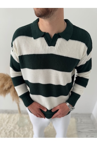 Say-Has Fashion Rahat Kalıp Erkek Polo Yaka Çizgili Triko Kazak Koyu Yeşil