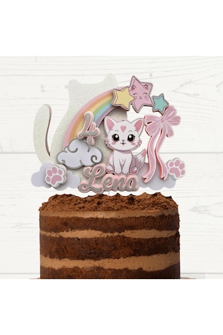 Kedi Temalı Kız Çocuk Doğum Günü İsme Özel 3d Pasta Parti Süsü Cake Topper Çocuk
