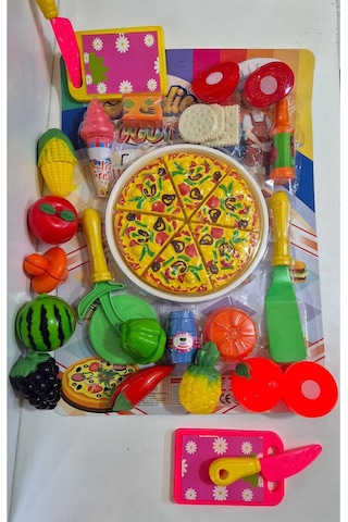 Tepsi Pizza Kesilen Meyve 41 Parça Sebze Dondurma Bisküvi Pasta Kesme Tahtası Evcilik Oyuncak