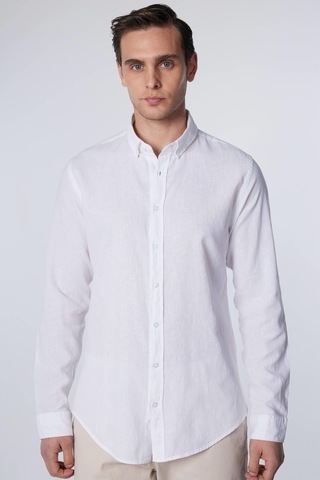Tudors Erkek Slim Fit Dar Kesim Uzun Kollu Keten Premium Seri Düğmeli Yaka Spor Beyaz Gömlek-27178 Beyaz