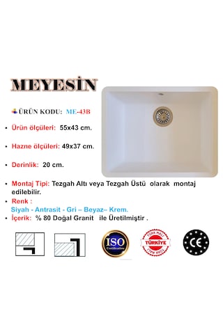 Meyesin ME-43B Tezgah Altı Granit Mutfak Eviyesi Beyaz 43 x 55 CM
