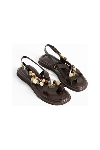 Duxal Shoes Greta Kadın Boncuklu Parmak Arası Sandalet Rahat Taban Acıkahve