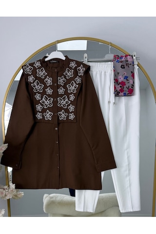 Lovie Moda Kadın Beyaz Pantolonlu Takım - Kahverengi