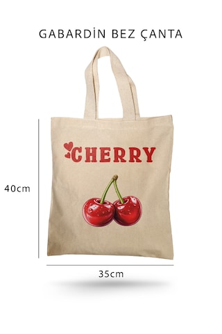 Lunora Collection Cherry Kiraz Baskılı Gabardin Bez Çanta. Açık Krem