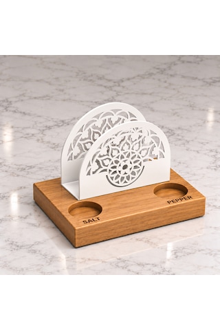 Iroko Ahşap Ve Metal Peçetelik, Tuzluk Biberlik Yuvalı Masaüstü Yemek Masası Düzenleyici Beyaz