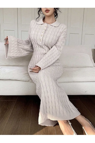 Sayzen Your Shine Gömlek Yaka Düğmeli Saç Örgülü Triko Elbise Sy-2515 Ekru
