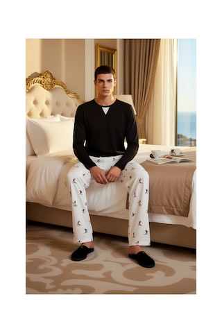 Ersefa Kadın Bisiklet Yaka Waffle Pijama Takımı Kayak Desenli Pantolon F Siyah