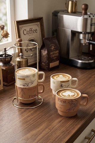 Bistro Metal Standlı 4 Adet Porselen Kupa Seti 200 Ml Kahve Çay Fincanı Takımı Renklı