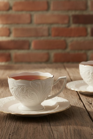 6 Kişilik Kabartma Desen Porselen Rosen Çay Fincan Takımı 200ml Krem
