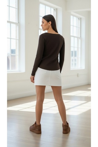 Divinus Kadın Slim Fit Pamuklu Uzun Kollu Bodysuit Kahverengi