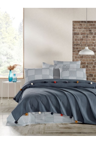 Madam Marica Antrasit Renkli Çift Kişilik Ponponlu Pike Takımı