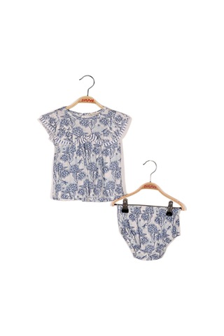 Kız Bebek Mavi Çiçek Desenli Bluz Ve Çiçek Desenli Külot Takım Ekru