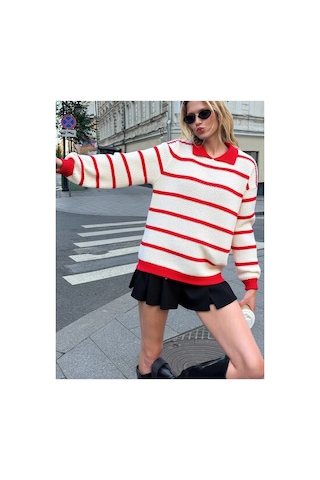 Meecy Selanik Örgü Polo Yaka Oversize Zr Model Kadın Triko Kazak Bej & Kırmızı Bej & Kırmızı