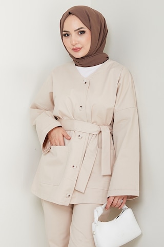 Bestenur Kemerli Ceket Pantolon Gabardin Takım 1557 - Bej Bej
