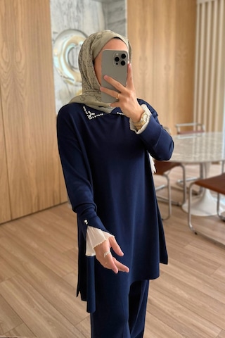 Ka Hijab Kolu Tüllü Merserize Takım - Lacivert