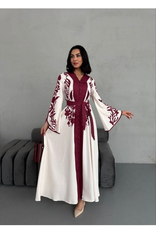 Wellway Atlas Kumaş Mendil Kol Çiçek Desenli Elbise Kemer Dahildir -bordo-2507 Bordo